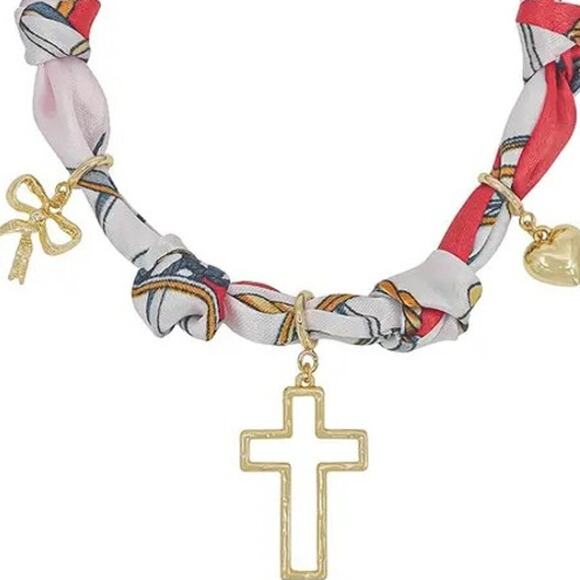 Red White Knotted Scarf Necklace with Heart, Cross, and Bow Charms Game Day - Picture 2 of 3